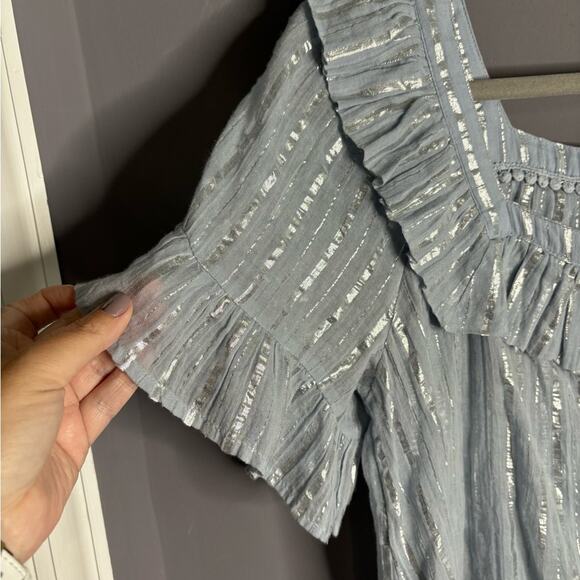 Anthropologie Gray Button Front Blouse Silver Metallic Stripes Ruffles Size Sm - Picture 5 of 5